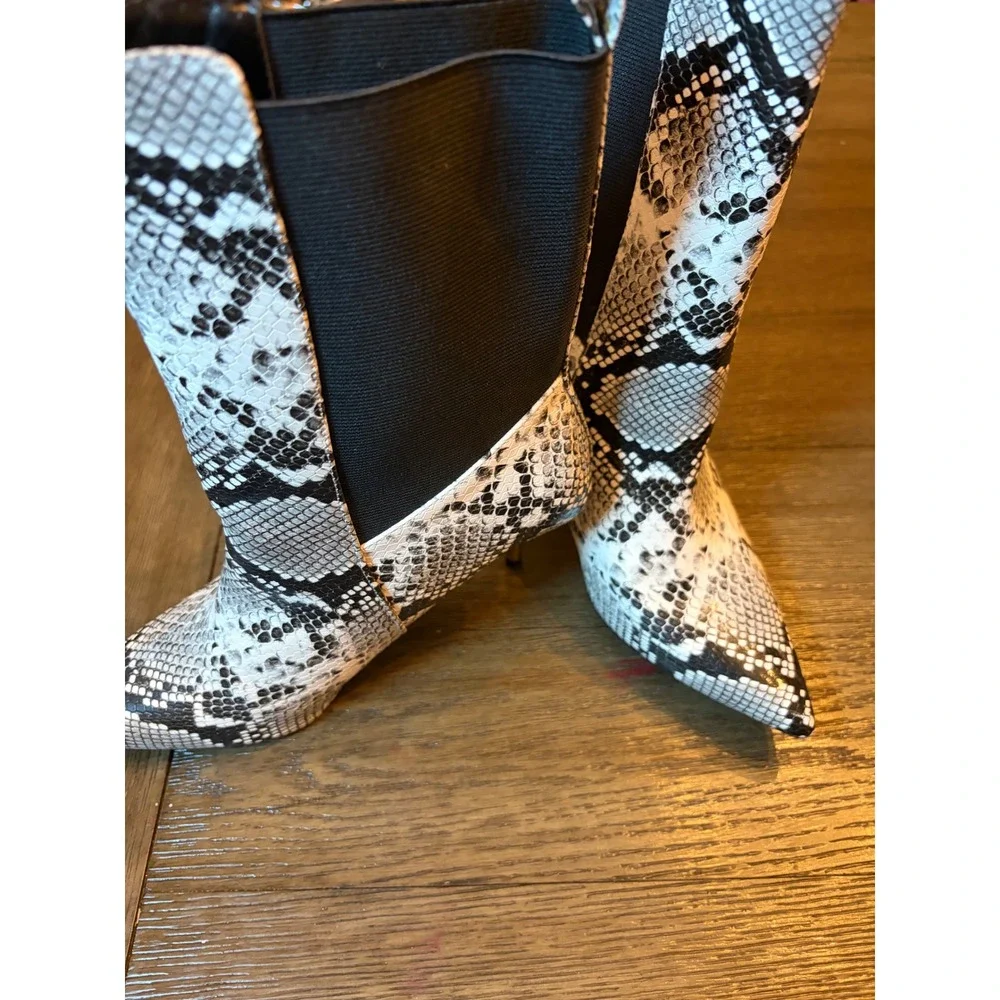 Fashion nova Snakeskin Ankle Boots Women Size 7 Pointed Toe Gold Stiletto